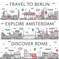 European traveling posters with Berlin, Amsterdam and Rome city panoramas in linear style. Touristic tour advertising, famous world architectural attractions. Global tourism, time to travel concept.