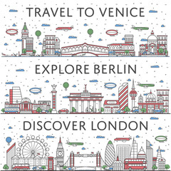 European traveling posters with Berlin, London and Venice city panoramas in linear style. Touristic tour advertising, famous world architectural attractions. Global tourism, time to travel concept.