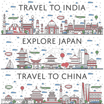 Worldwide traveling posters with indian, japanese and chinese city panoramas in linear style. Touristic tour advertising, famous world architectural attractions. Global tourism and journey concept.