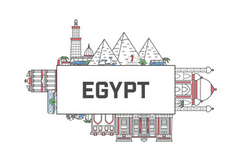 Travel Egypt poster with ancient architectural attractions in trendy linear style. Egyptian famous landmarks and traditional symbols on white background. Global tourism and journey vector concept.