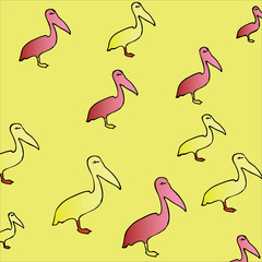 Animal pattern: yellow and pink silhouette of pelican in profile, standing on one leg. Birds on a yellow background. Stylish youthful bright print.