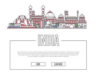 Travel India vector composition with famous architectural landmarks in linear style. Worldwide traveling and time to travel concept. Indian national attractions on white background, global tourism.