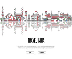 Travel tour to India poster with famous architectural attractions in linear style. Worldwide traveling and time to travel concept. Indian panorama with landmarks, tourism and journey vector banner