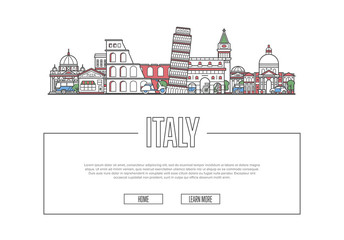 Travel Italy vector composition with famous architectural landmarks in linear style. Worldwide traveling and time to travel concept. Italian national attractions on white background, global tourism.