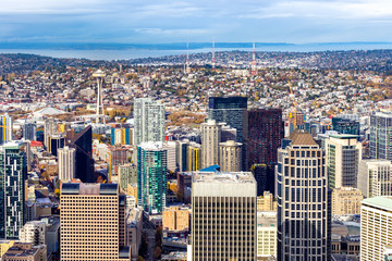 Aerial view of Seattle downtown skyscrapers