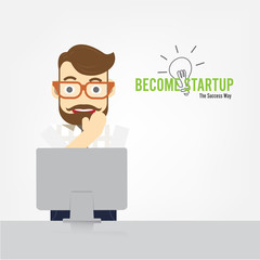 Smart business man standing and thinking lamp, idea or solution concept and text start-up