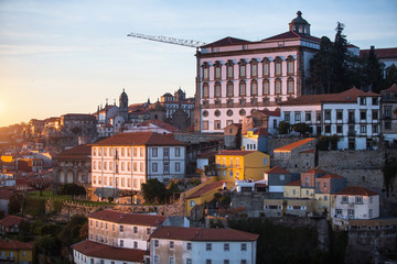 Facades of buildings in central part of the old Porto, Portugal.