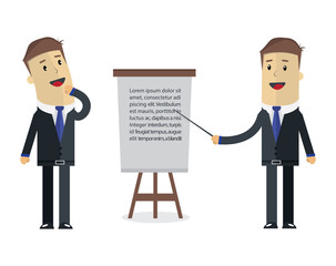 Two Businessman Vector Illustration. Thinking and Presentation on board