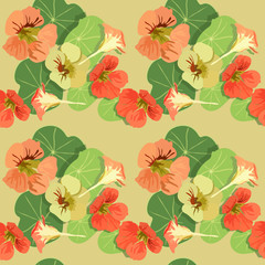 Raster seamless floral pattern. Yellow-orange flowers and green leaves