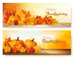 Naklejka na ściany i meble Happy Thanksgiving banners with autumn vegetables and colorful leaves. Vector.