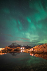 Fototapeta na wymiar Aurora Borealis (The Northern Lights) at Kabelvag, Lofoten, Norway