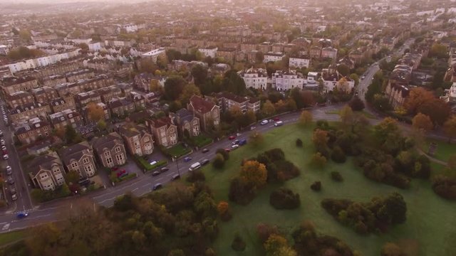 Residential Streets, Houses, Park & Trees, Autumn Colours, Bristol City UK Aerial Drone Footage