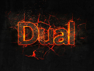 Dual Fire text flame burning hot lava explosion background.