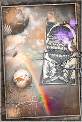 Collage fantastico con cielo vintage,arcobaleno,pianeti,colomba e asso di coppe antico delle carte dei tarocchi © Rosario Rizzo