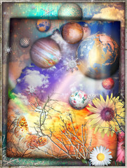Obraz na płótnie Canvas Cielo fantastico con con collage di stelle,fiocchi di neve,astri,pianeti,prato fiorito,farfalla e nuvole