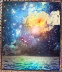 Papier Peint photo autocollant Imagination Pleine lune avec flocons de neige, mer, nuit et ciel étoilé, conte de fées et scène fantastique