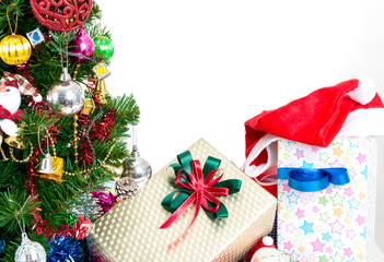 Christmas tree ornaments and presents ,isolate on white