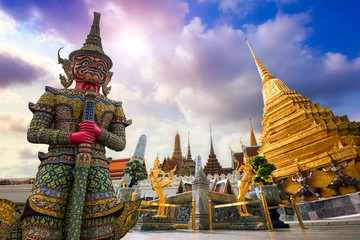 Wat Phra Kaeo, Temple of the Emerald Buddha Wat Phra Kaeo is one of Bangkok's most famous tourist sites and it was built in 1782 at Bangkok, Thailand - obrazy, fototapety, plakaty
