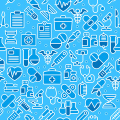 Medical line icons background, medicine symbols in blue, Vector