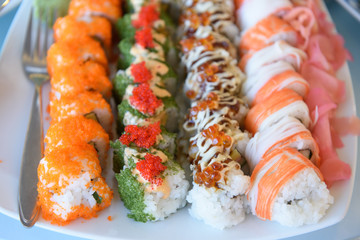 Sushi is served on a dish. Ready for eating