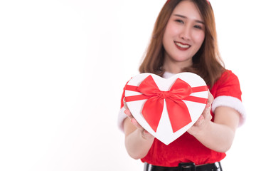 happy woman wearing santa claus dress on white background