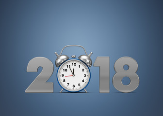 New Year 2018 metal inscription and blue alarm clock on a blue background. 3d render illustration.