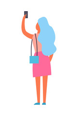 Woman Making Selfie Back View Vector Illustration