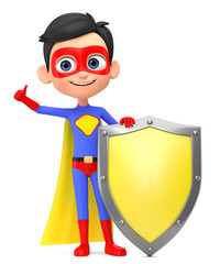 Boy super hero shows thumb up leaning on shield. 3d render illustration.