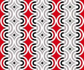 seamless geometric pattern with arcs and vertical stripes on a red background 