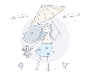 Girl with umbrella. Simple modern fashion design. Cartoon character vector illustration.