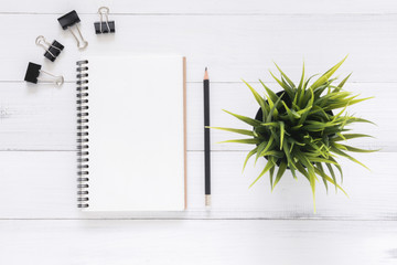 Minimal work space - Creative flat lay photo of workspace desk. White office desk wooden table background with open mock up notebooks and pens and plant. Top view with copy space, flat lay photography