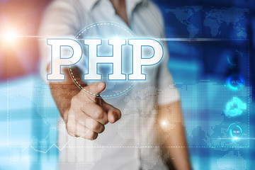 Businessman clicks on a virtual screen and selects "PHP". Blue background. Business concept. Mixed media