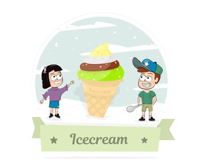 Boy and girl with a big ice cream.  Vector on white background.