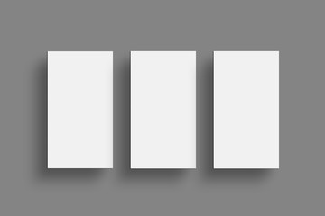 Three Horizontal Business card Mock-Up. White Business Card Blank Design Template. Top View, Isolated on White Background.