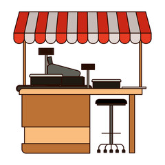 supermarket shelf with weighing machine and cash register point with sunshade in colorful silhouette with thin black contour