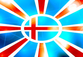 Iceland national flag on sunburst background. Celebration card template for independence day. Softly blurred circles.