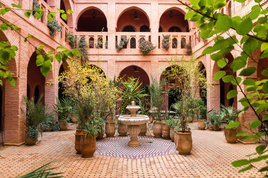 beautiful garden inside moroccan courtyard, marrakech