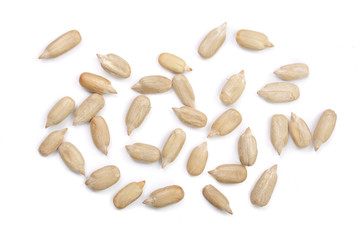 Peeled Sunflower seeds isolated on white background. Top view