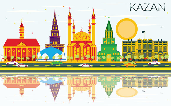 Kazan Skyline with Color Buildings, Blue Sky and Reflections.