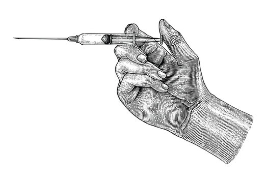 Doctor Hand Holding Medical Syringe,Hand Drawing Vintage Style