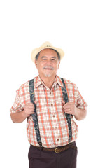 Portrait of an old man wearing red hat isolated on white background