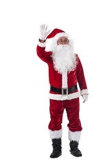 Happy traditional Santa Claus hand up isolated on white background.