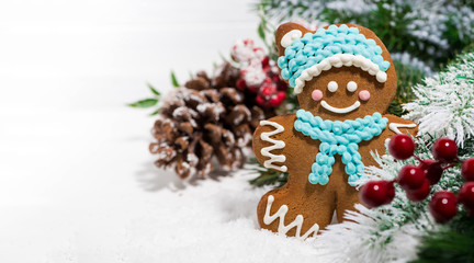 festive Christmas gingerbread man and Christmas tree on a white background