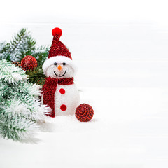 festive christmas snowman and christmas tree on white background