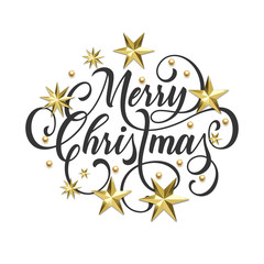 Fototapeta na wymiar Merry Christmas golden decoration, hand drawn calligraphy font for invitation or greeting card on white background. Vector Christmas or New Year winter holiday gold star and snowflake shiny decoration