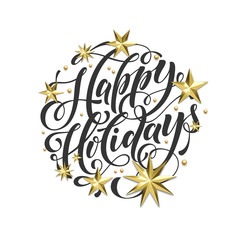 Happy Holidays golden decoration, hand drawn calligraphy font for Xmas greeting card or invitation on white background. Vector Christmas or New Year gold star and snowflake shiny decoration