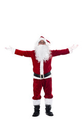 Portrait of Santa Claus raising his hands standing isolated on white background.
