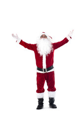 Portrait of Santa Claus raising his hands standing isolated on white background.