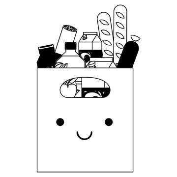 kawaii rectangular paper bag with handle and foods sausage and bread apples and drinks orange juice and water bottle and milk carton in black silhouette