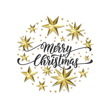 Merry Christmas golden decoration, hand drawn calligraphy font for invitation or greeting card on white background. Vector Christmas or New Year winter holiday gold star and snowflake shiny decoration